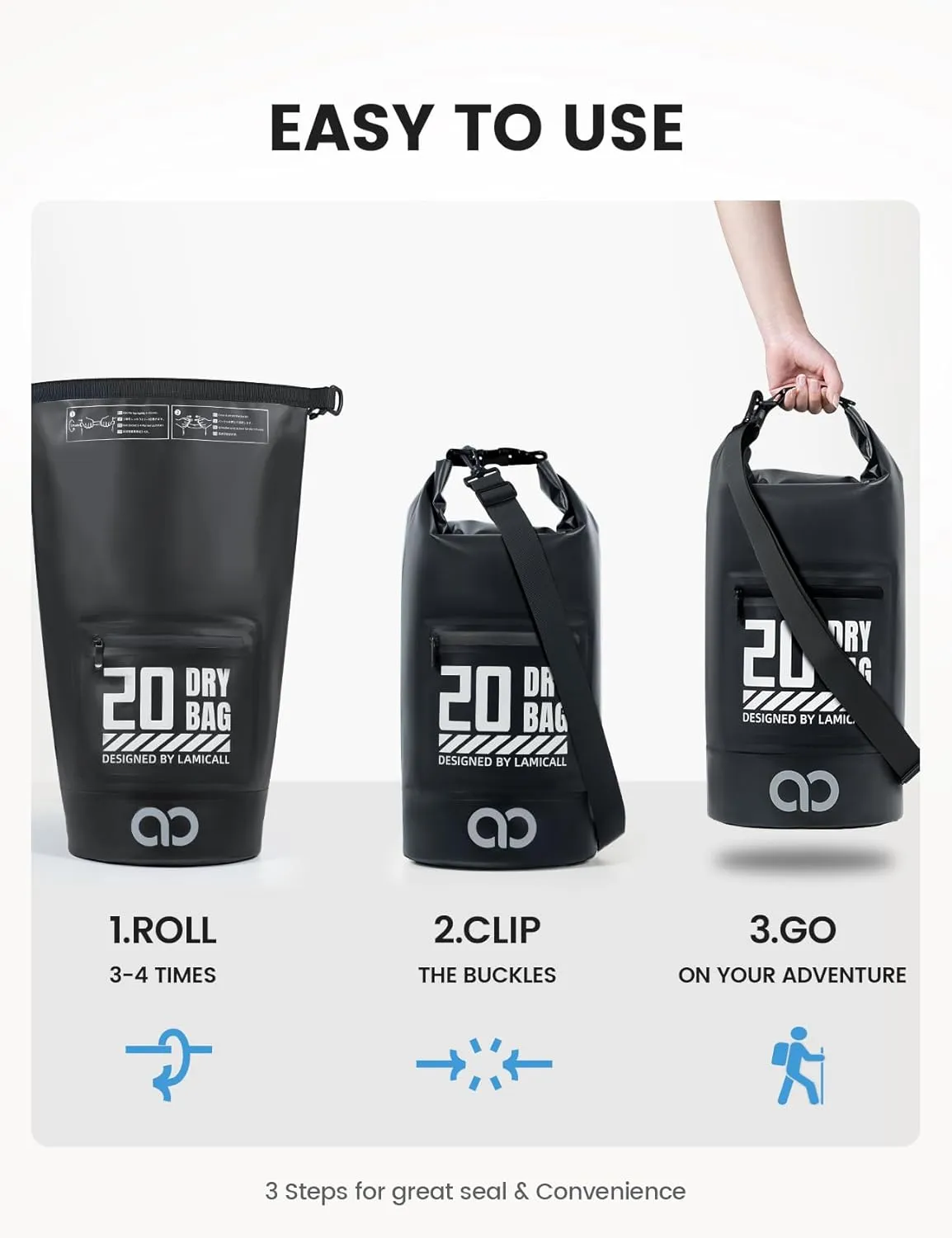 Lamicall Dry Bag Waterproof Backpack - [Zippered Pocket] 5L/10L/20L/30L/40L Roll Top Waterproof Bag with Water Proof Phone Case, Floatable Drybag for Swimming, Boating, Kayaking, Camping, Beach
