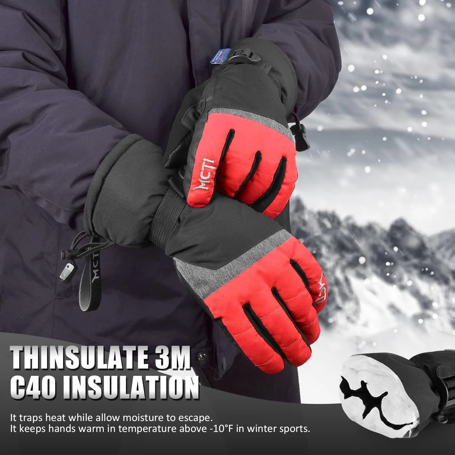 MCTi Ski Gloves,Winter Waterproof Snowboard Snow 3M Thinsulate Warm Touchscreen Cold Weather Women Gloves Wrist Leashes
