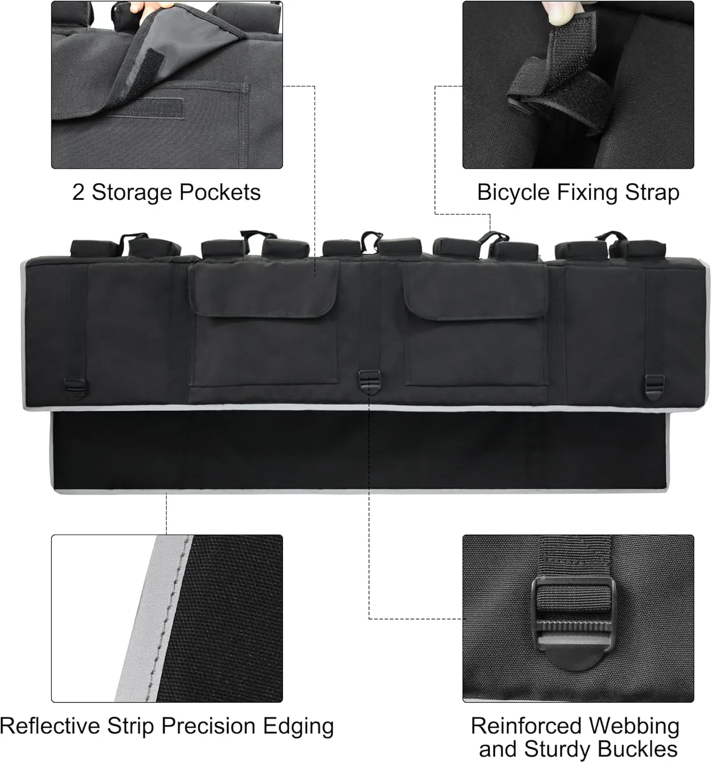 MDSTOP Tailgate Pad for Mountain Bike, Truck Tailgate Bike Pad with Reflective Strips,Tool Pockets, Backup Camera Opening, MTB Tailgate Pad Carries Up to 5 Bikes, E-Bikes, BMX&Road Bikes (Black, L)