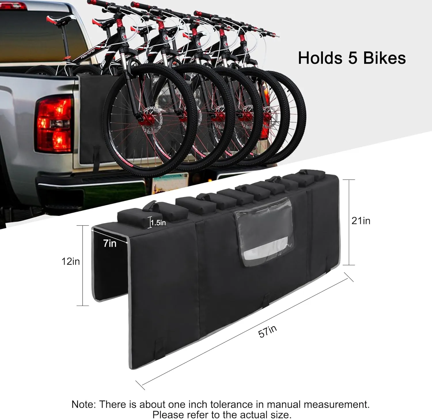 MDSTOP Tailgate Pad for Mountain Bike, Truck Tailgate Bike Pad with Reflective Strips,Tool Pockets, Backup Camera Opening, MTB Tailgate Pad Carries Up to 5 Bikes, E-Bikes, BMX&Road Bikes (Black, L)