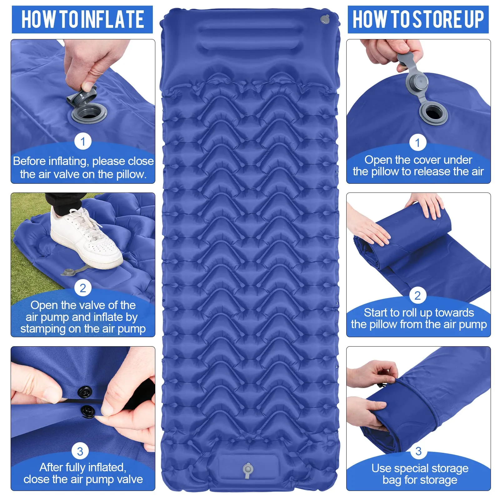 MOXILS Sleeping Pad, Ultralight Inflatable Sleeping Pad for Camping, Built-in Pump, Ultimate for Camping, Hiking, Airpad, Carry Bag, Repair Kit, Compact & Lightweight Air Mattress(Blue)