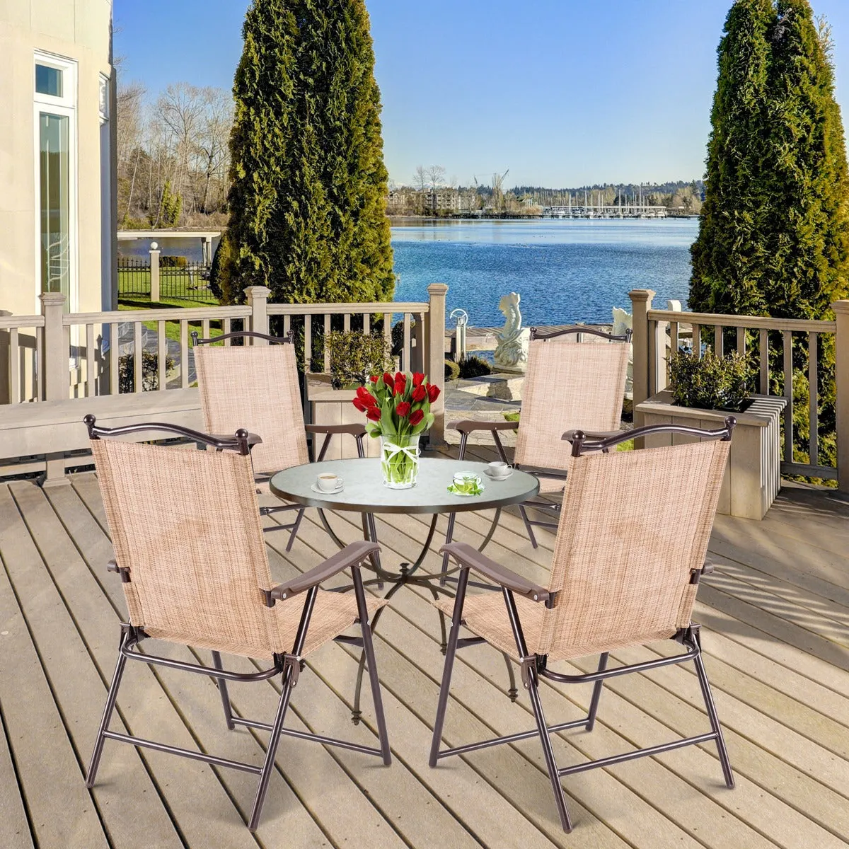 NNECW Set of 2 Patio Folding Chairs with Armrests for Garden Black Yellow