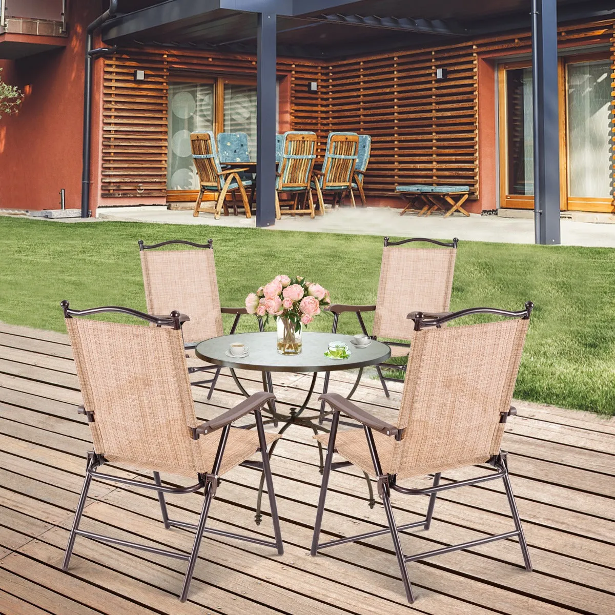NNECW Set of 2 Patio Folding Chairs with Armrests for Garden Black Yellow