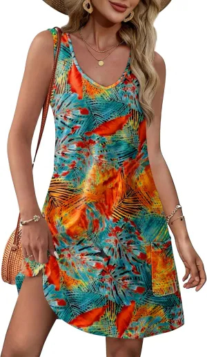 OFEEFAN Womens Summer Dresses 2025 V Neck Sleeveless Sundresses with Pockets Beach Vacation Clothes Floral/Plain