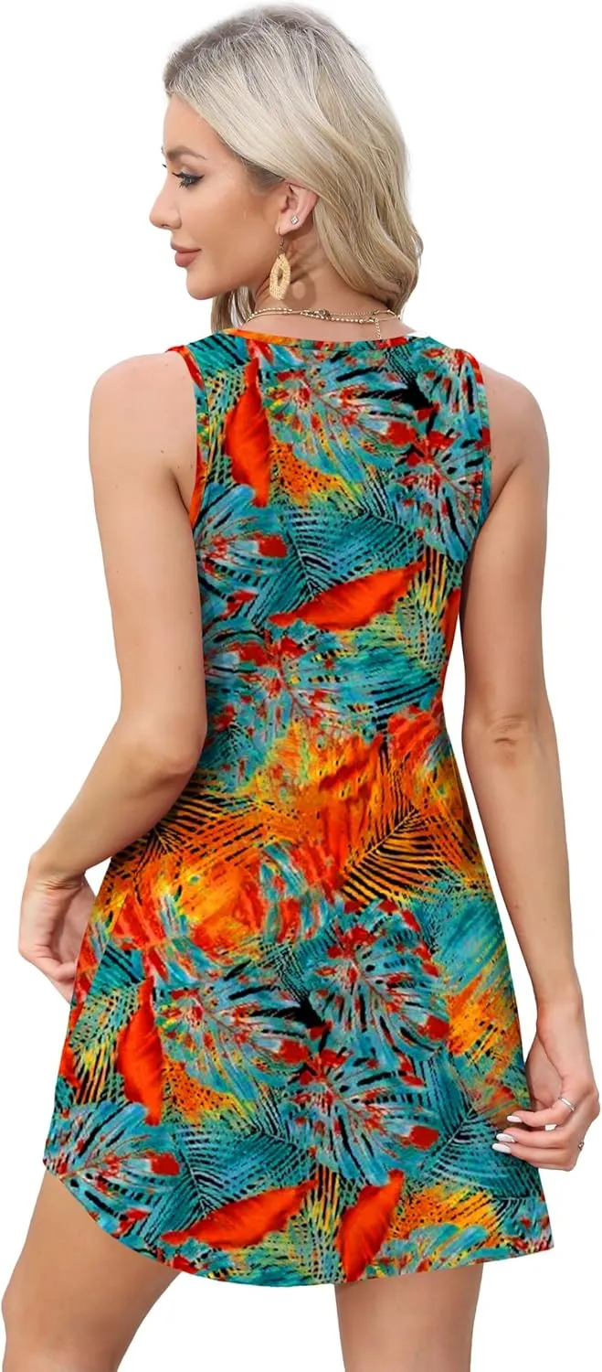 OFEEFAN Womens Summer Dresses 2025 V Neck Sleeveless Sundresses with Pockets Beach Vacation Clothes Floral/Plain