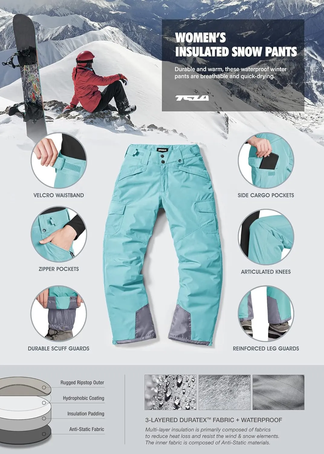 TSLA Women's Winter Snow Pants, Waterproof Insulated Ski Pants, Ripstop Snowboard Bottoms