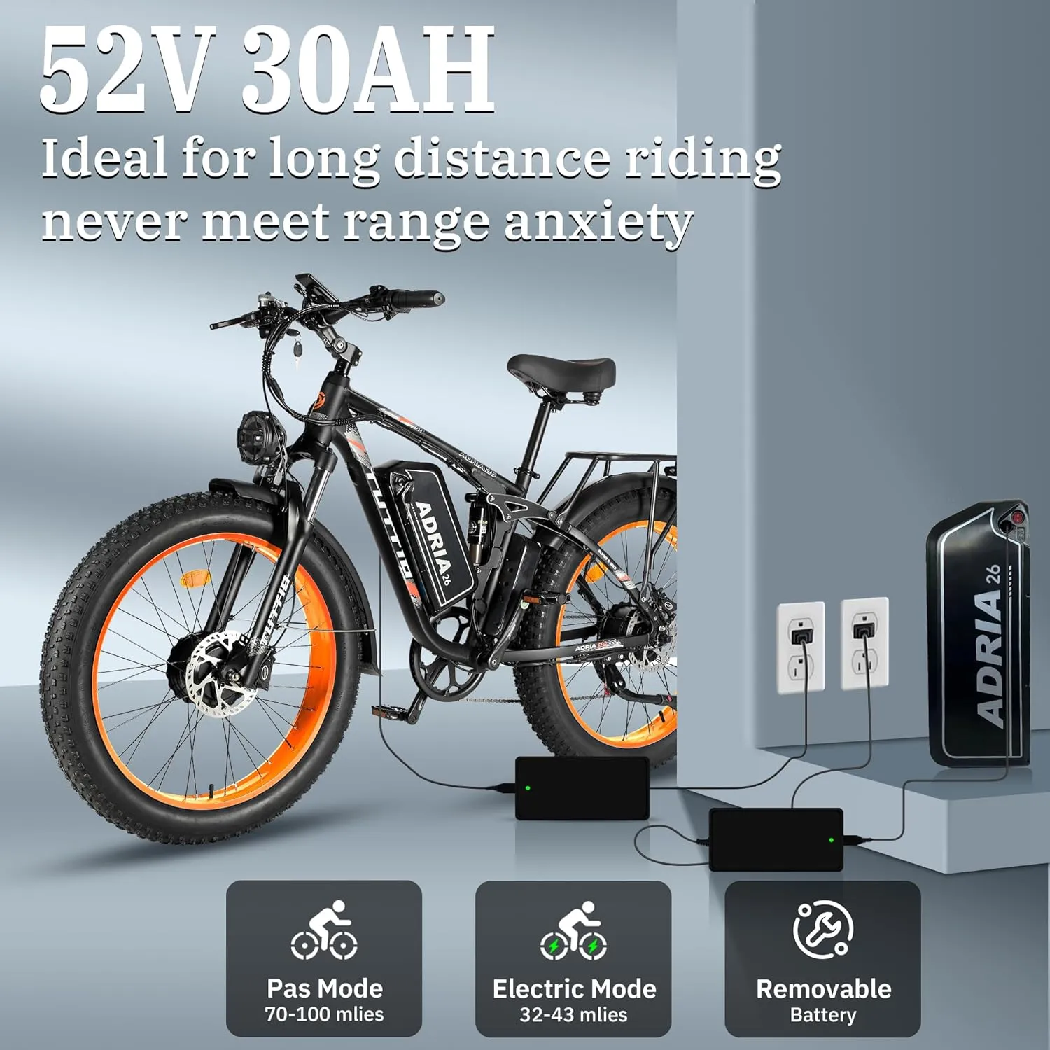 Tuttio-Adria26 Dual-Motor Electric-Bike for Adults - 40-46MPH Fast-Ebike, 52V 30AH Long-Range-Electric-Bicycle, Full Suspension Ebikes, 26 Inch Fat Tire Dirtbike for Mountain Snow Hunting Commuting