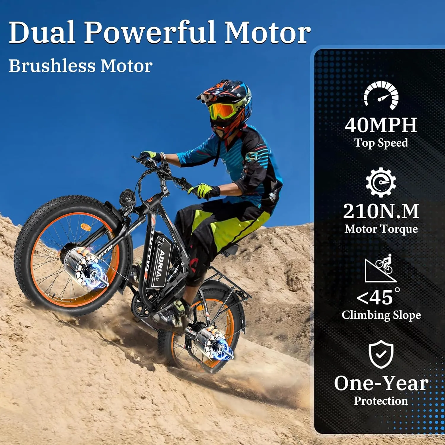 Tuttio-Adria26 Dual-Motor Electric-Bike for Adults - 40-46MPH Fast-Ebike, 52V 30AH Long-Range-Electric-Bicycle, Full Suspension Ebikes, 26 Inch Fat Tire Dirtbike for Mountain Snow Hunting Commuting