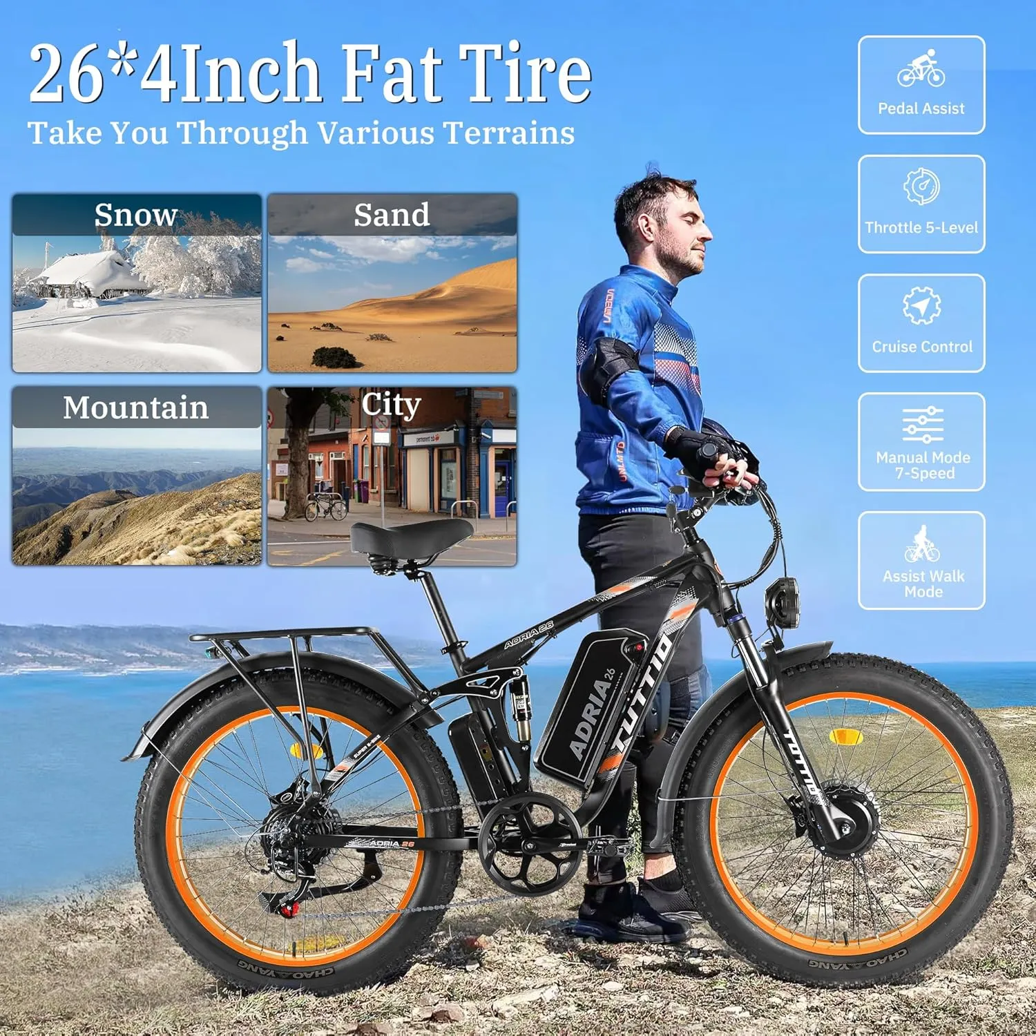 Tuttio-Adria26 Dual-Motor Electric-Bike for Adults - 40-46MPH Fast-Ebike, 52V 30AH Long-Range-Electric-Bicycle, Full Suspension Ebikes, 26 Inch Fat Tire Dirtbike for Mountain Snow Hunting Commuting