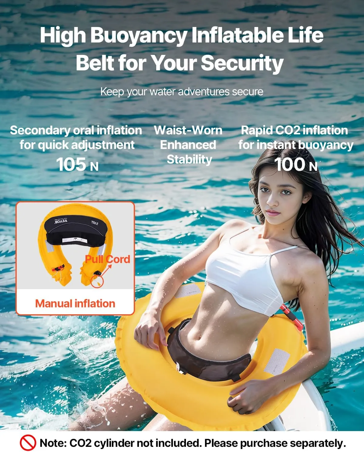 VEVOR Manual Inflatable Belt Pack for Adults, 105N Buoyancy, Over 80 Pounds and Up to 59 in Waist Adjustable, Inflatable PFD Waist for SUP Paddelboarding, Kayaking