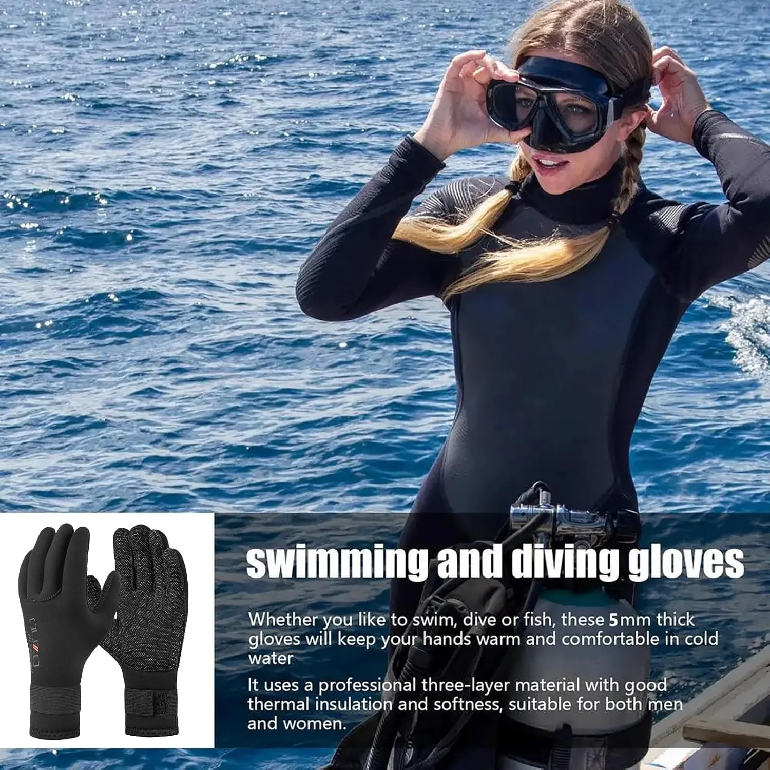WYYHAA 3MM/5MM Neoprene Wetsuit Gloves for Men Women, Anti-Slip Keep Warm Scuba Diving Gloves with Adjustable Strap for Spearfishing Swimming Surfing Kayaking