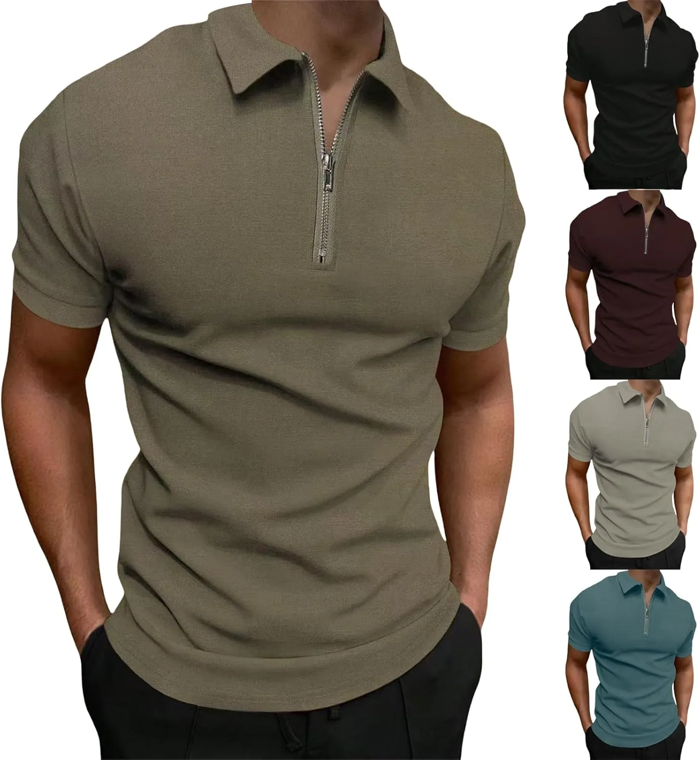 Zipper Polo Shirt for Mens Short Sleeve Classic Zip Up Workout Gym Golf Polos Summer Casual Textured Slim Fit Tops